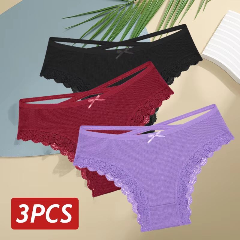 Women's 3-Piece Cotton Low-Rise Lace Brazilian Panties Set Breathable Soft Underwear S-XL