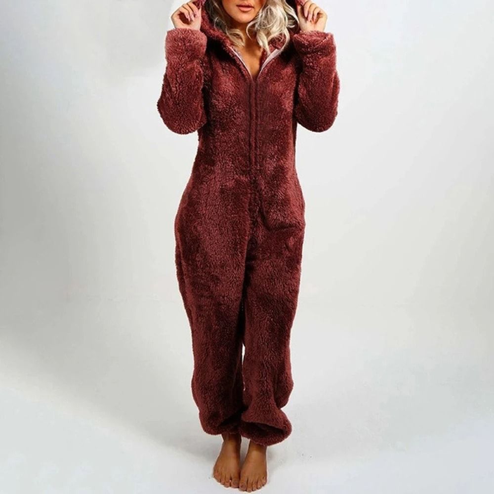 Womens Plush Flannel Pajama Romper Hooded Long Sleeve Winter Sleepwear Onesie