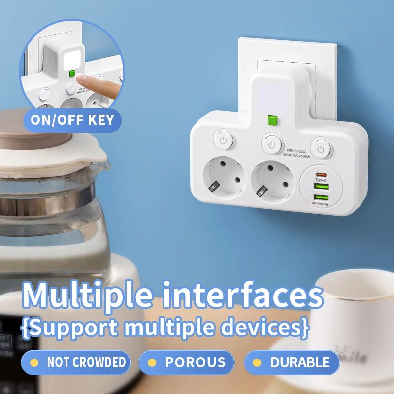 EU Power Strip with USB Charger and Separate Switches