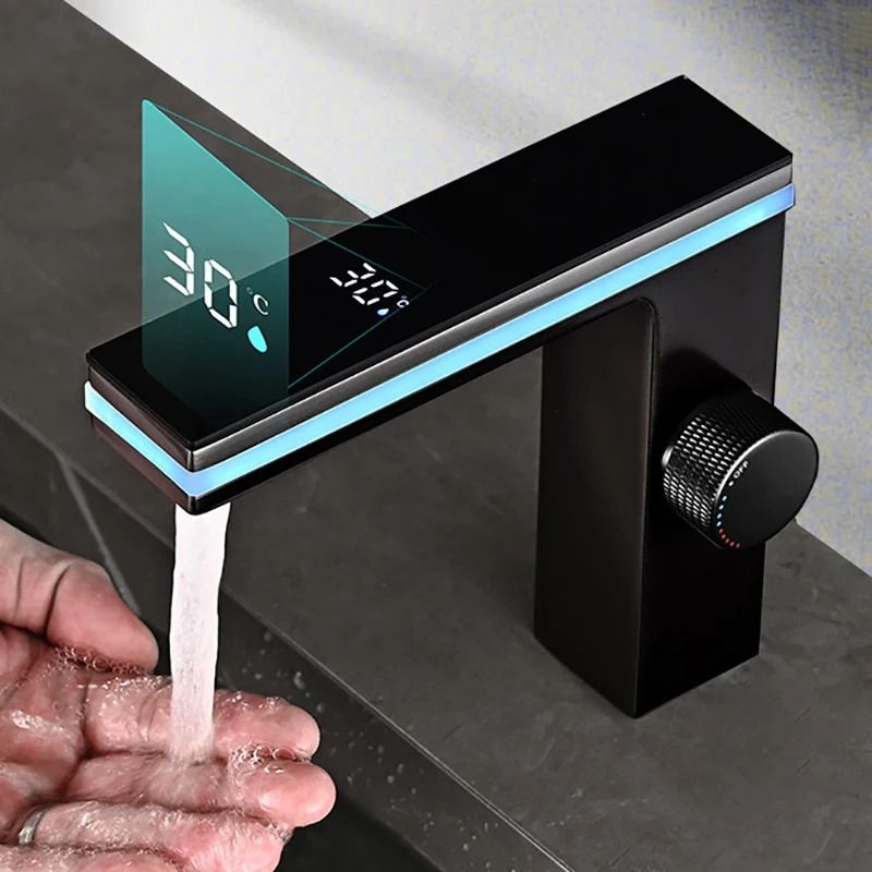 Digital Display Bathroom Basin Faucet with LED Brass Deck Mounted Hot and Cold Water Mixer