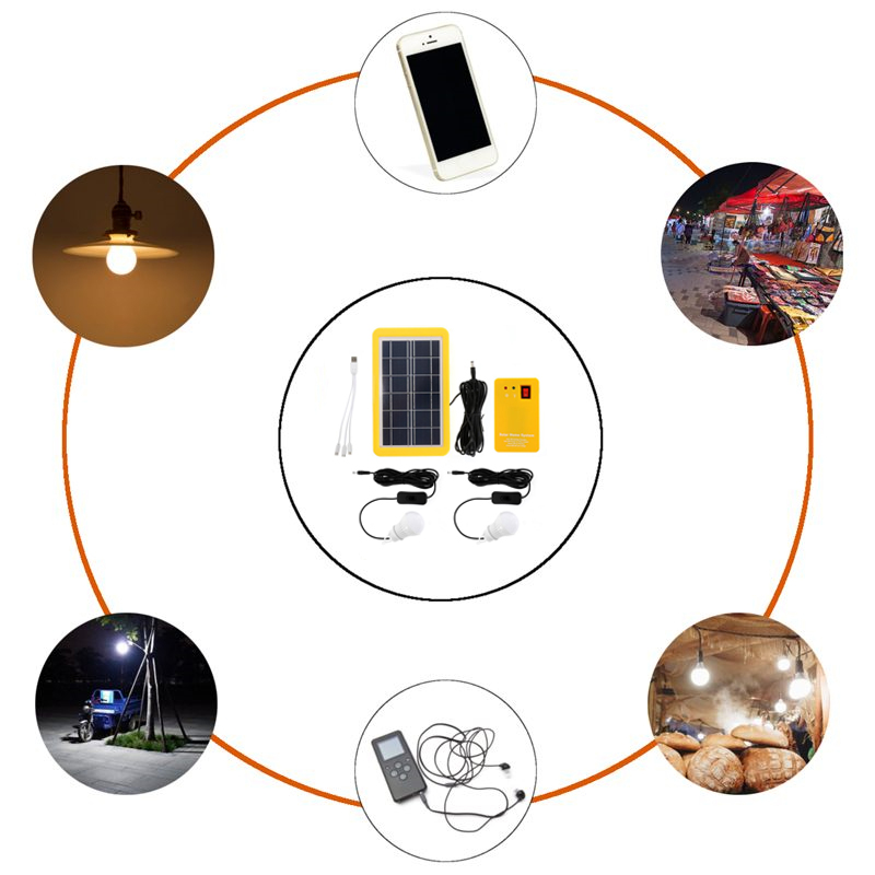 Solar Panel Emergency Light Kit with USB Charger & LED Bulbs