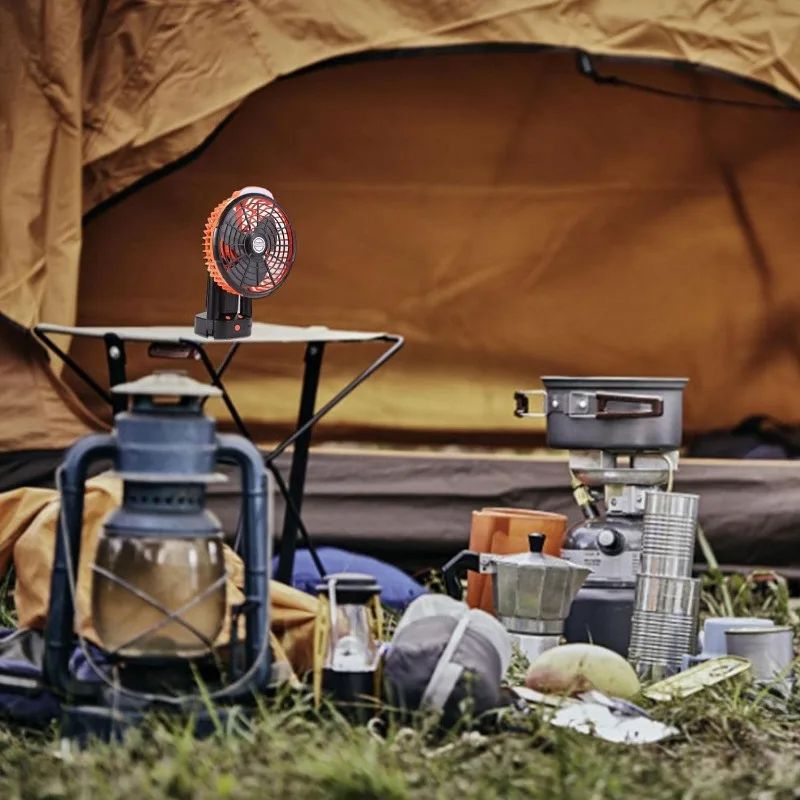 Rechargeable Camping Fan with Foldable Tripod, 270° Auto Rotation & LED Light