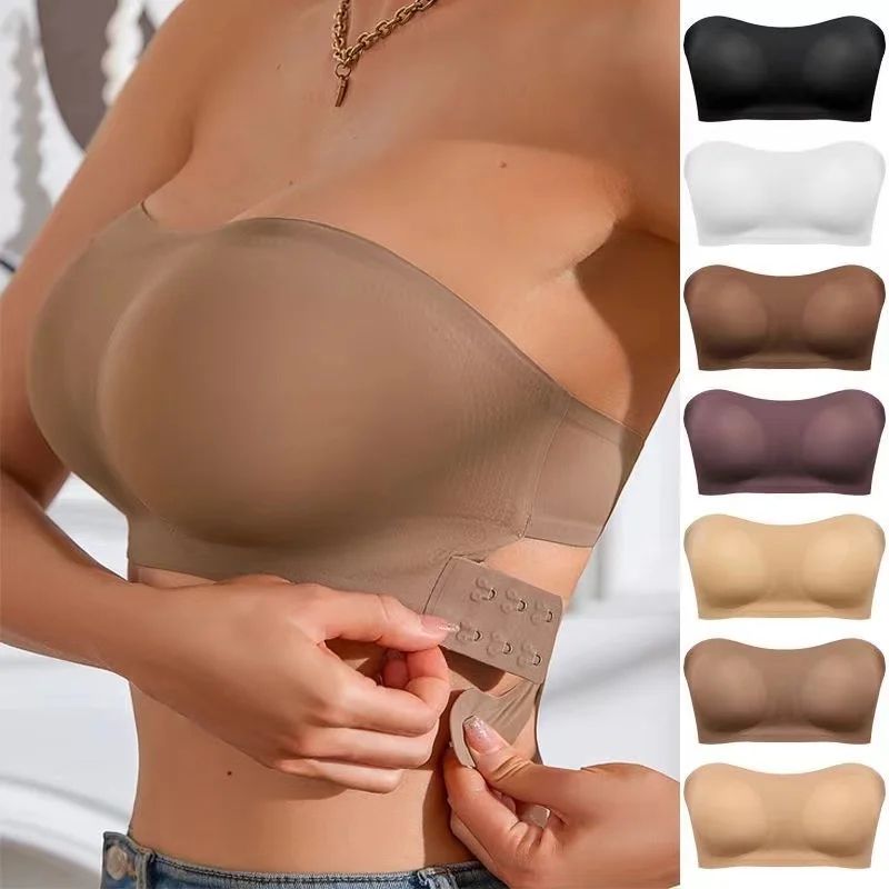 Strapless Bra with Side Clasps and Crisscross Back Removable Padding Breathable Nylon Knit