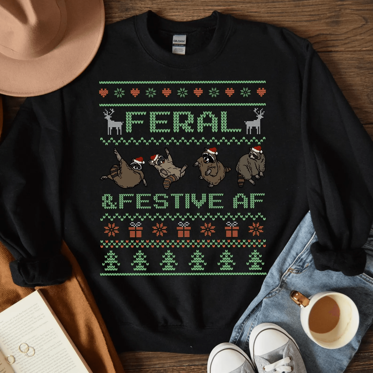 Funny Christmas Raccoon Sweatshirt Cute Ugly Christmas Sweater Festive Holiday Shirt