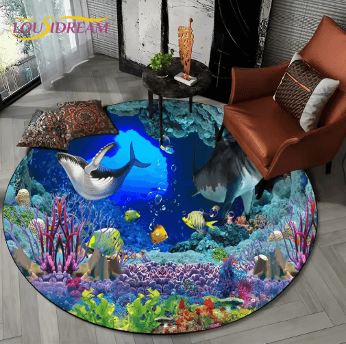 3D Ocean Dolphin Area Rug – Non-Slip Underwater Illusion Round Carpet
