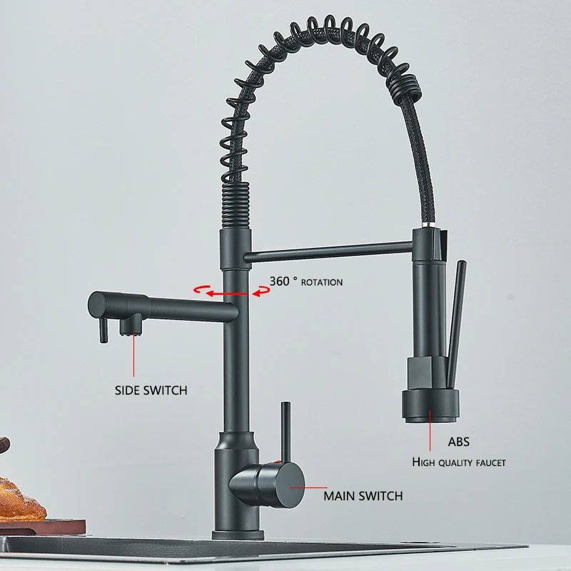 Black Kitchen Sink Faucet Pull Down, Hot and Cold Water Mixer, 2 Mode Tap with Dual Spout, Rotation Flexible Deck