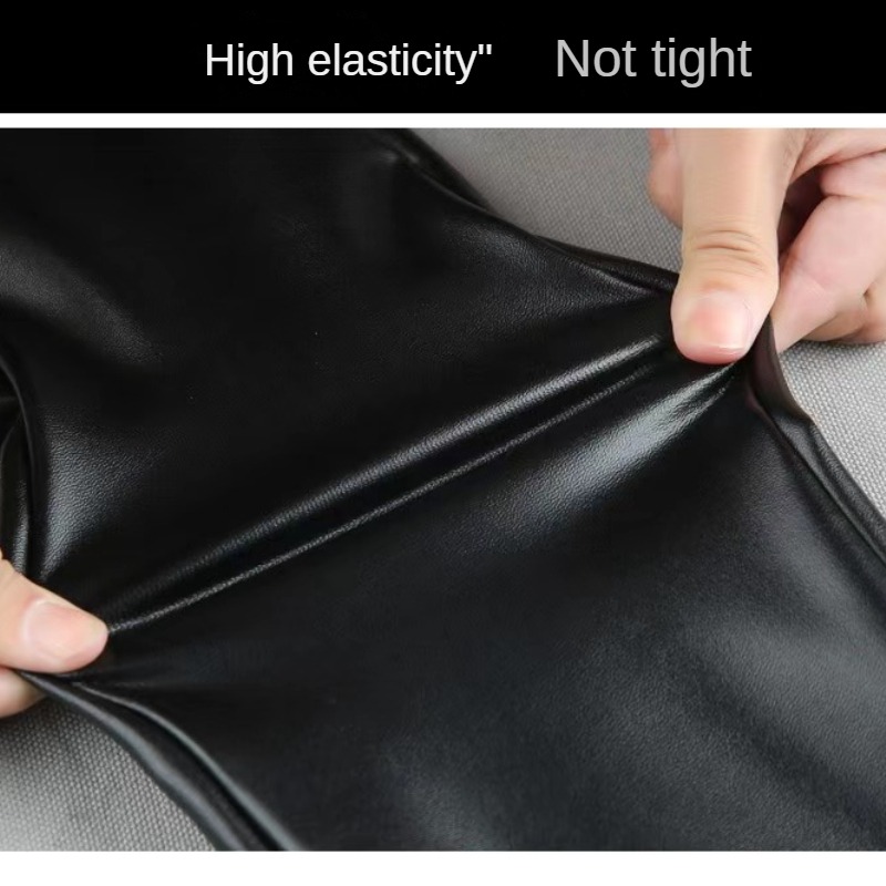Womens Cashmere PU Leather Pants, Autumn Winter Thick Fleece High Waisted Slim Fit Black Warm Leggings