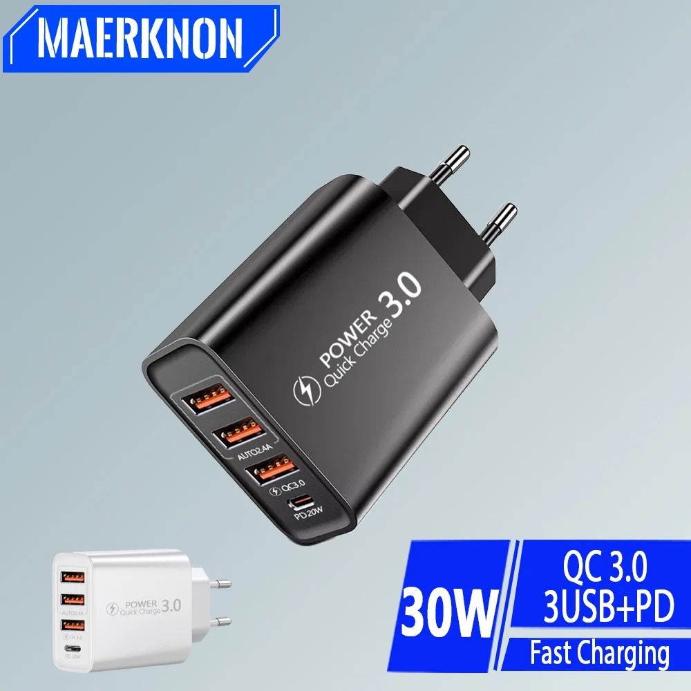 30W 4-Port USB PD Fast Charger – Multi-Interface Type-C Quick Charge Adapter for iPhone 15 Pro, Samsung & Huawei