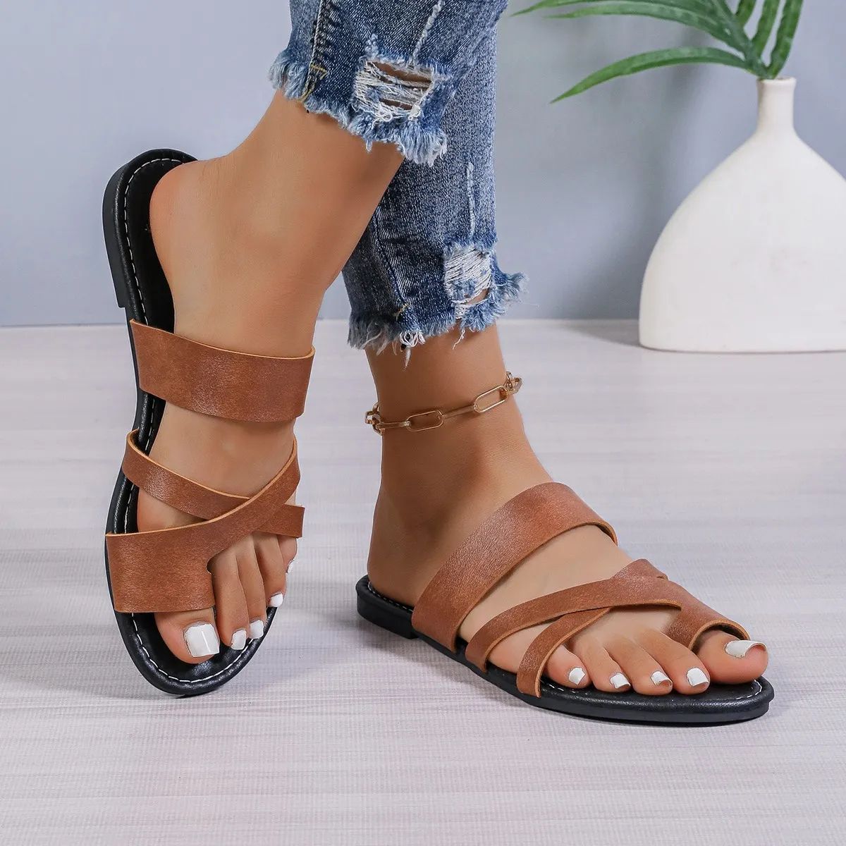 SunnyStride Summer Square-Toe Cross Strap Flat Sandals - Stylish Beach & Casual Women Slides