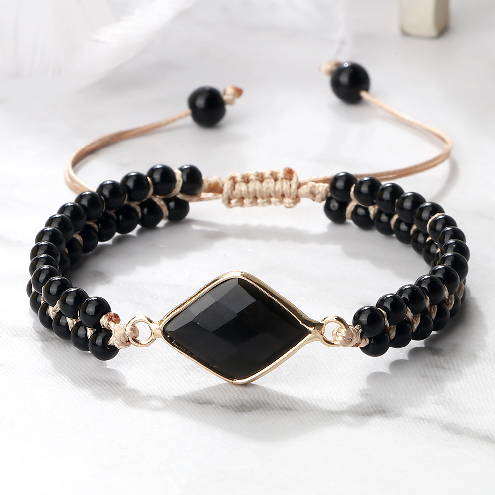 Black Onyx Braided Bracelet, Handmade Adjustable Obsidian Pendant, Women Wrist Bangle, Men Prayer Jewelry Gift