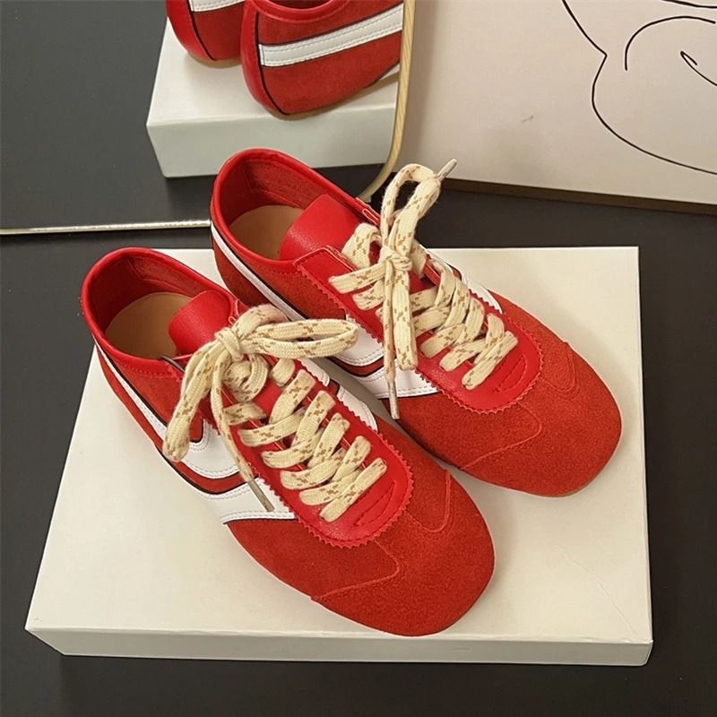Womens Retro Leather German Training Sneakers Lace Up Flats