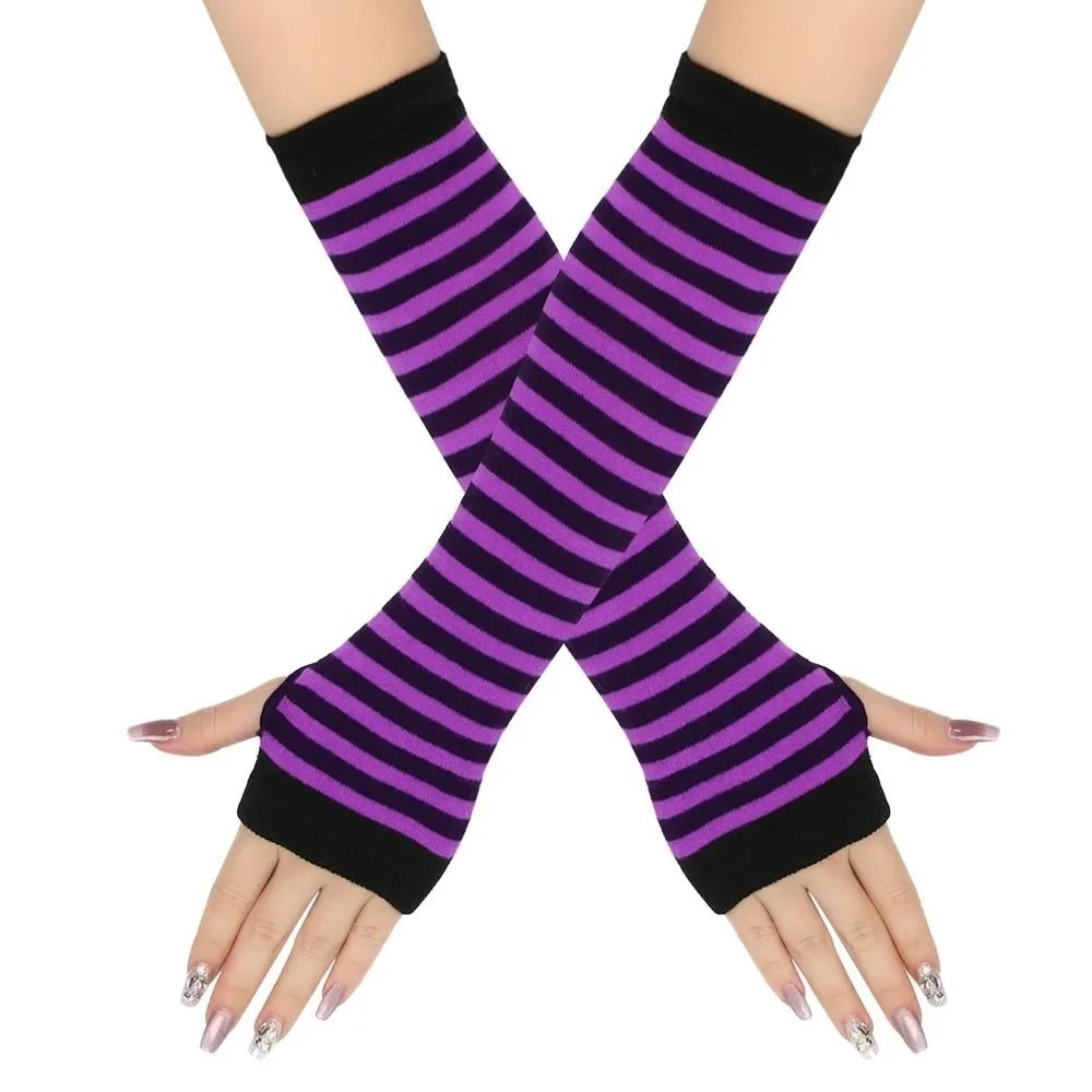 Warmer Knitted Long Fingerless Gloves Lady Striped Elbow Mittens