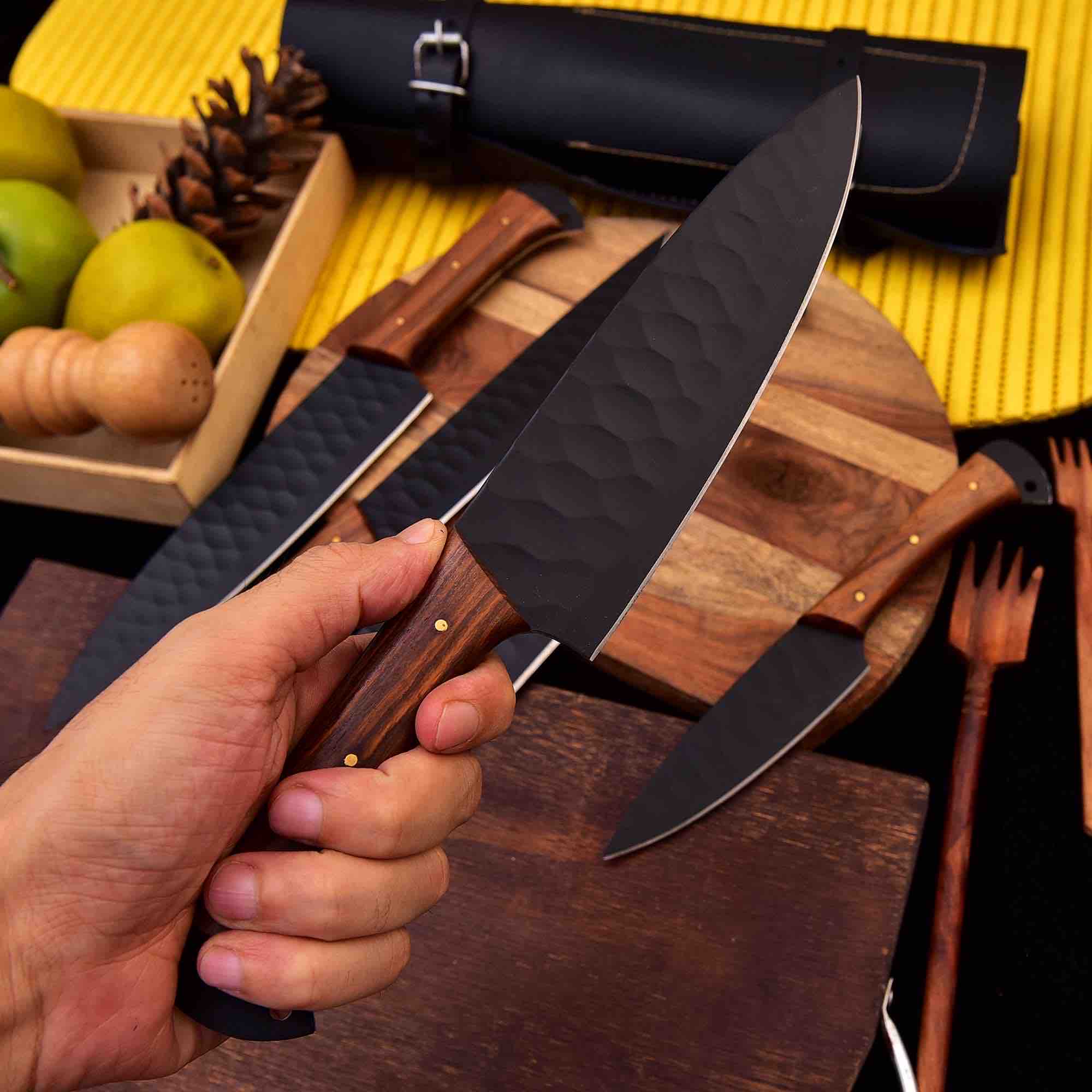 Forged Carbon Coated Steel Chef Set 5Pcs with Leather Roll Kit, Handmade Kitchen BBQ Culinary Set, Birthday