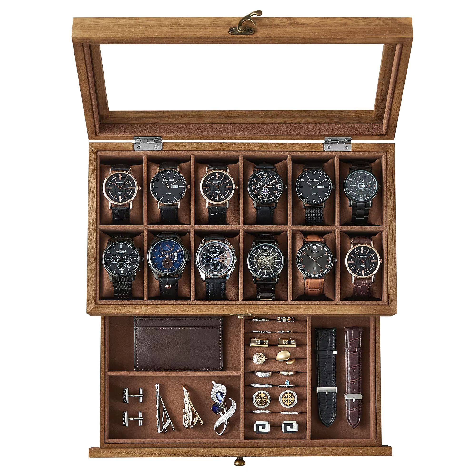 Watch Display Box 12 Slot Organizer with Glass Lid 2 Tier Jewelry Storage Case for Men and Women