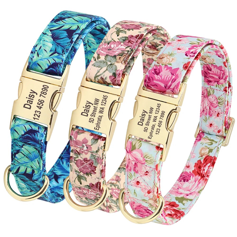 Custom Floral Dog Collar & Leash Set - Personalized Pet ID Collar for Small, Medium, Large Dogs