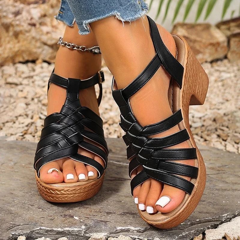 Hollow Weaving Chunky Heel Sandals Ankle Strap Platform Casual Beach Shoes