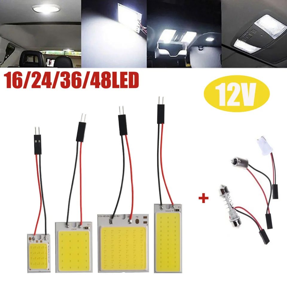 T10 W5W COB LED Interior Car Bulb 16/24/36/48SMD, 6000K Super White Dome Reading Panel Light 12V