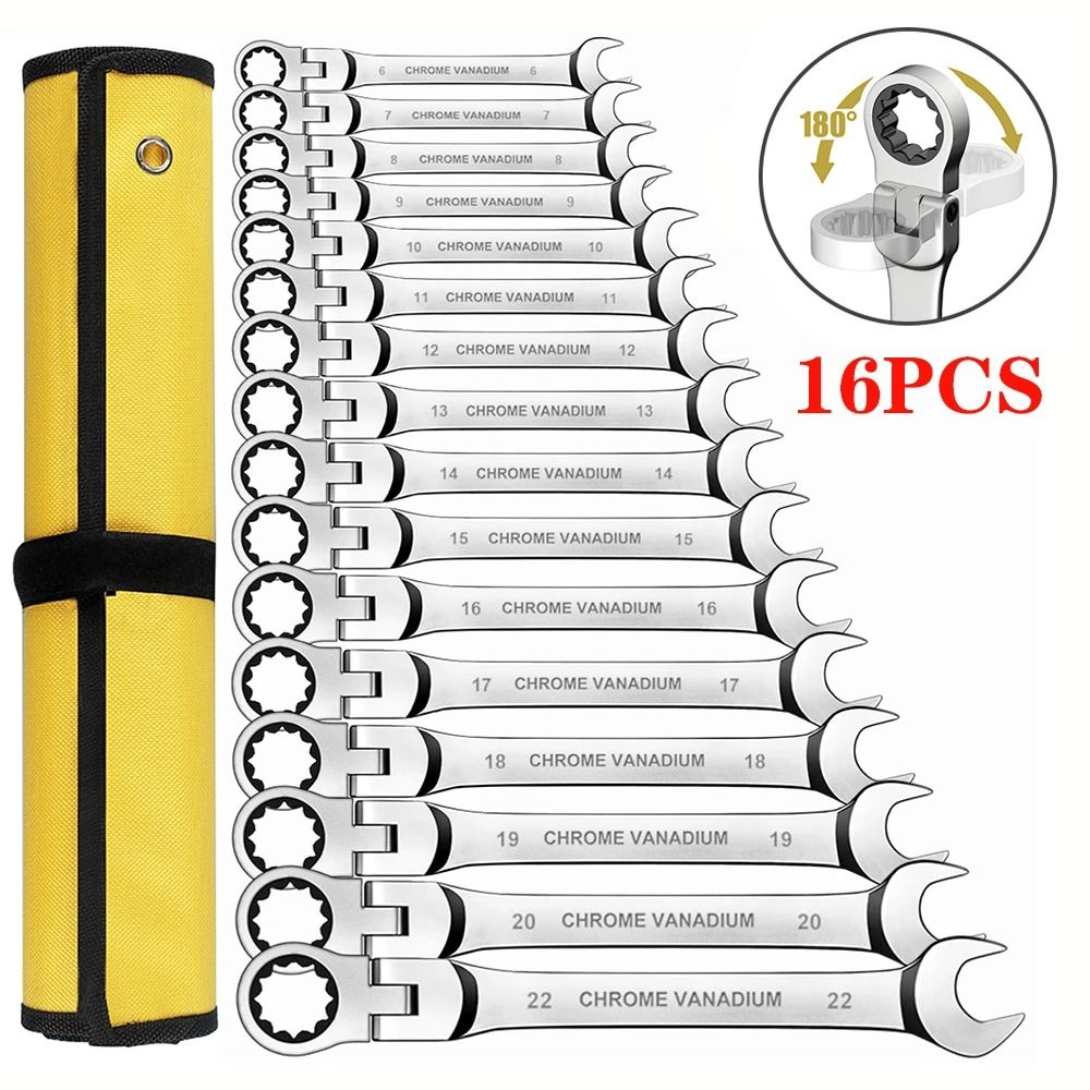 Metric Flex Head Ratcheting Wrench Set with Chrome Vanadium Steel and Organizer Bag