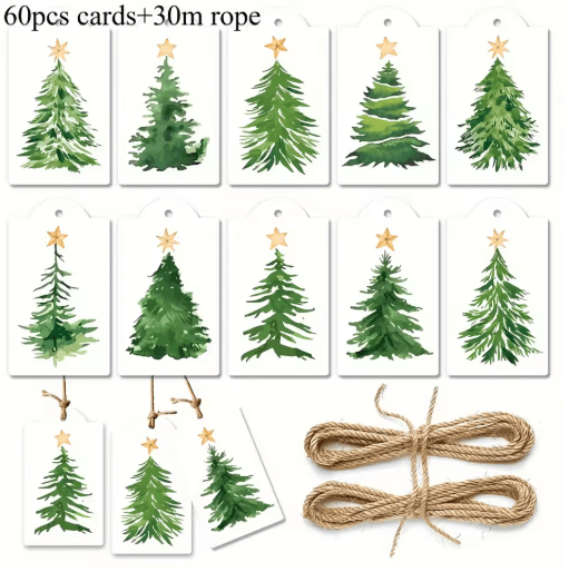 Christmas Watercolor Pine Tree Gift Tags (60-Pack) – Festive Hang Tags with Hemp Rope
