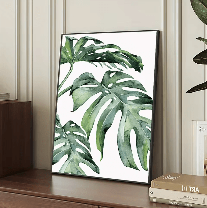 Nordic Green Botanical Canvas Wall Art – Monstera & Banana Leaf Minimalist Decor for Living Room & Bedroom