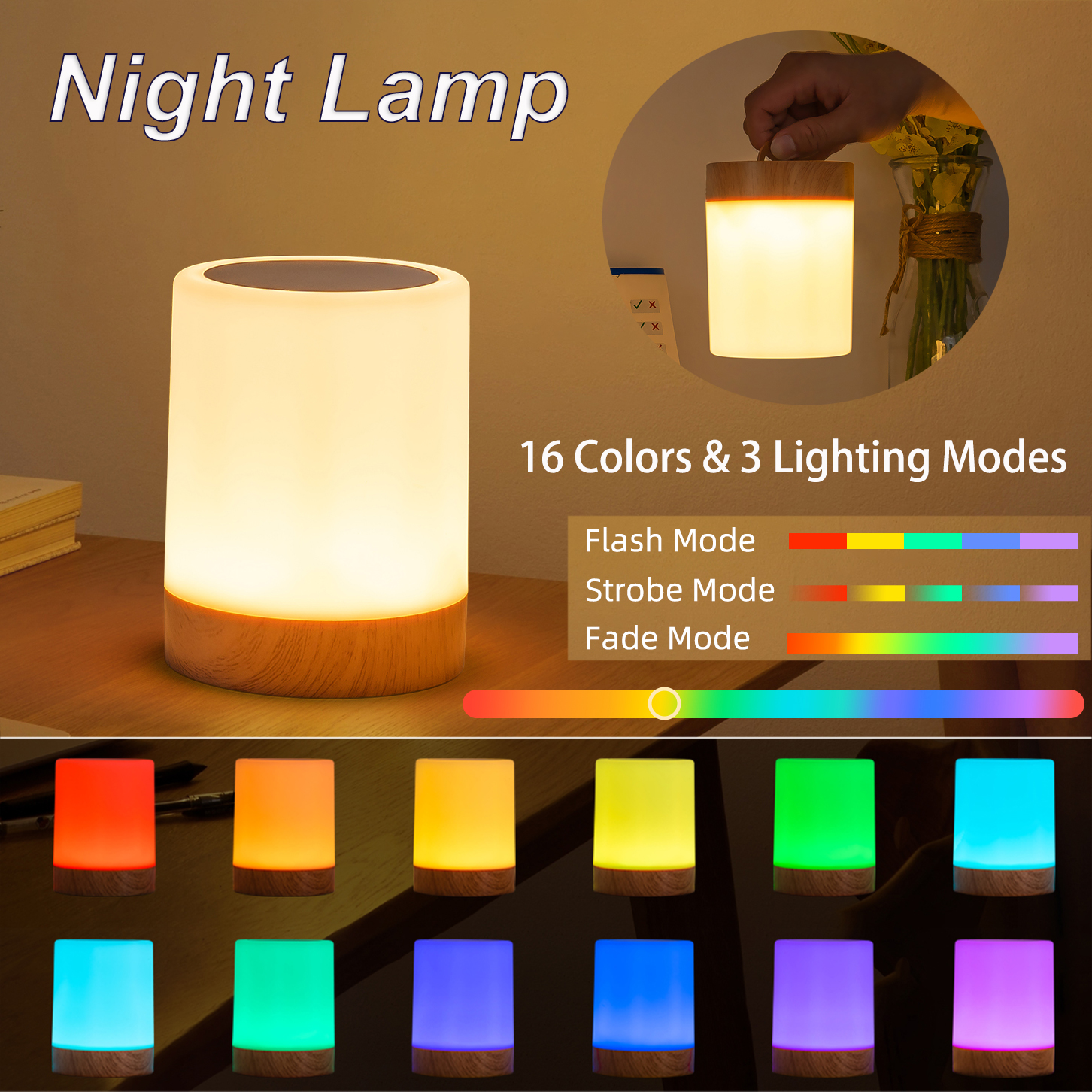 Smart Touch Bedside Table Lamp, 16 RGB Colors, USB Rechargeable Night Light, Desk Lamp, Bedroom Decoration Gift