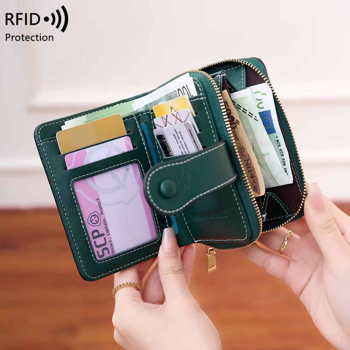 Retro RFID Blocking Women's Multi Card Wallet with Zipper Coin Pocket