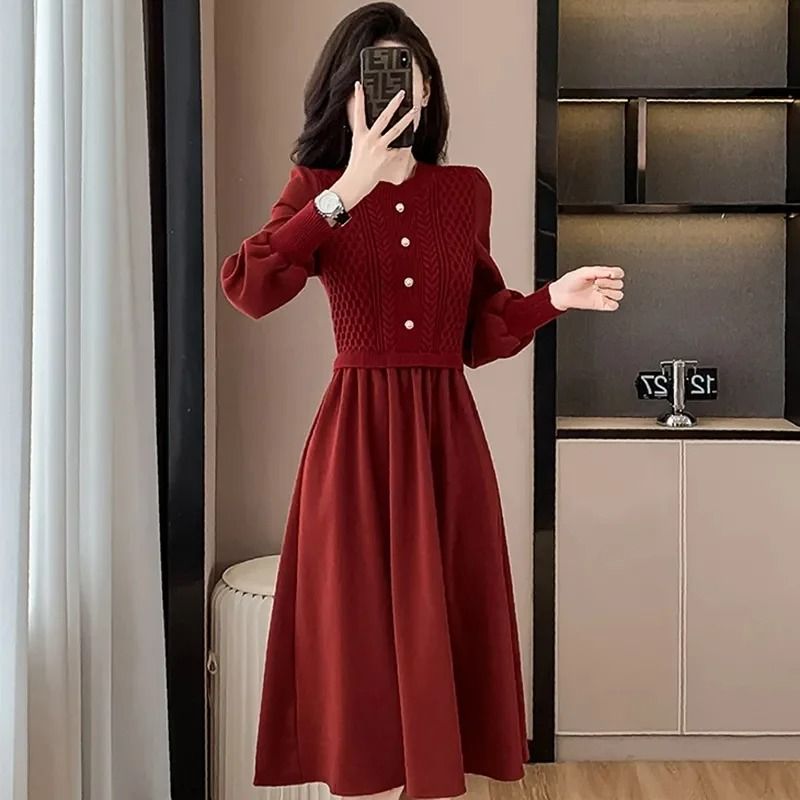 Casual O-Neck Lantern Sleeve Fake Two Piece Knitted Dress Autumn Winter Ladies Long Sweater Dress