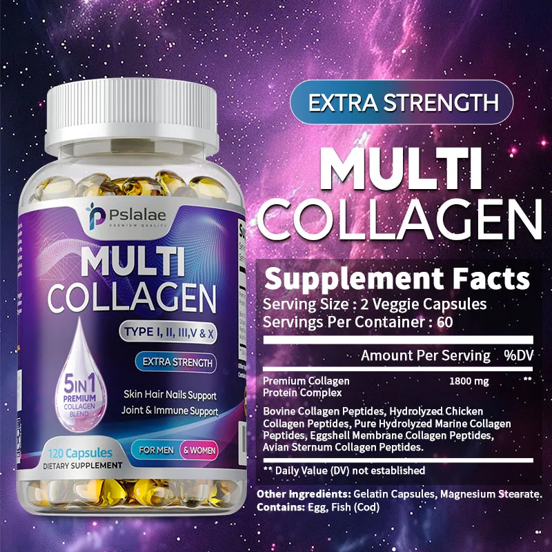 Hydrolyzed Multi-Collagen Complex Capsules, Natural Energy Supplement for Anti-Aging, Skin, Joint, Hair Bone Health