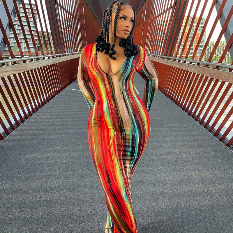 Spring and Autumn New Women's V-neck Stripe Long Sleeve Tight Fit Sexy Dress for Women, Comfortable and Stylish Dress