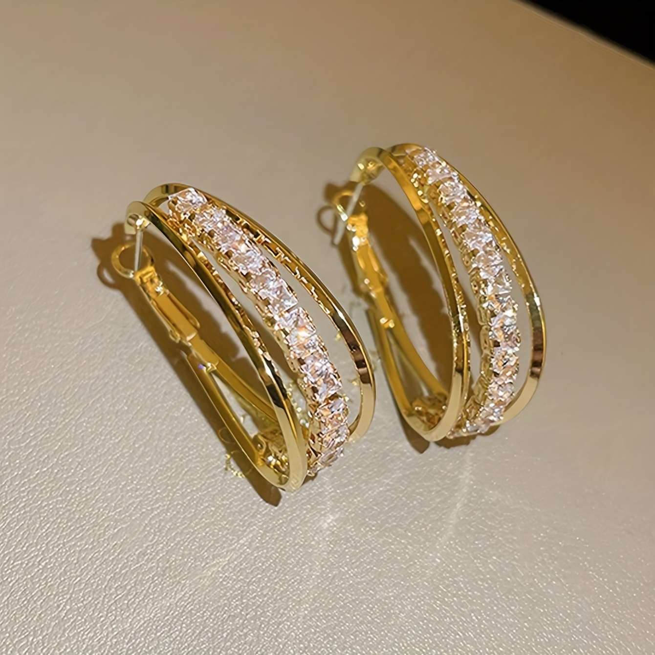 3-layer Shiny Rhinestone Decor Hoop Earrings Retro Elegant Style Zinc Alloy Jewelry Delicate Female Gift - Valentin's