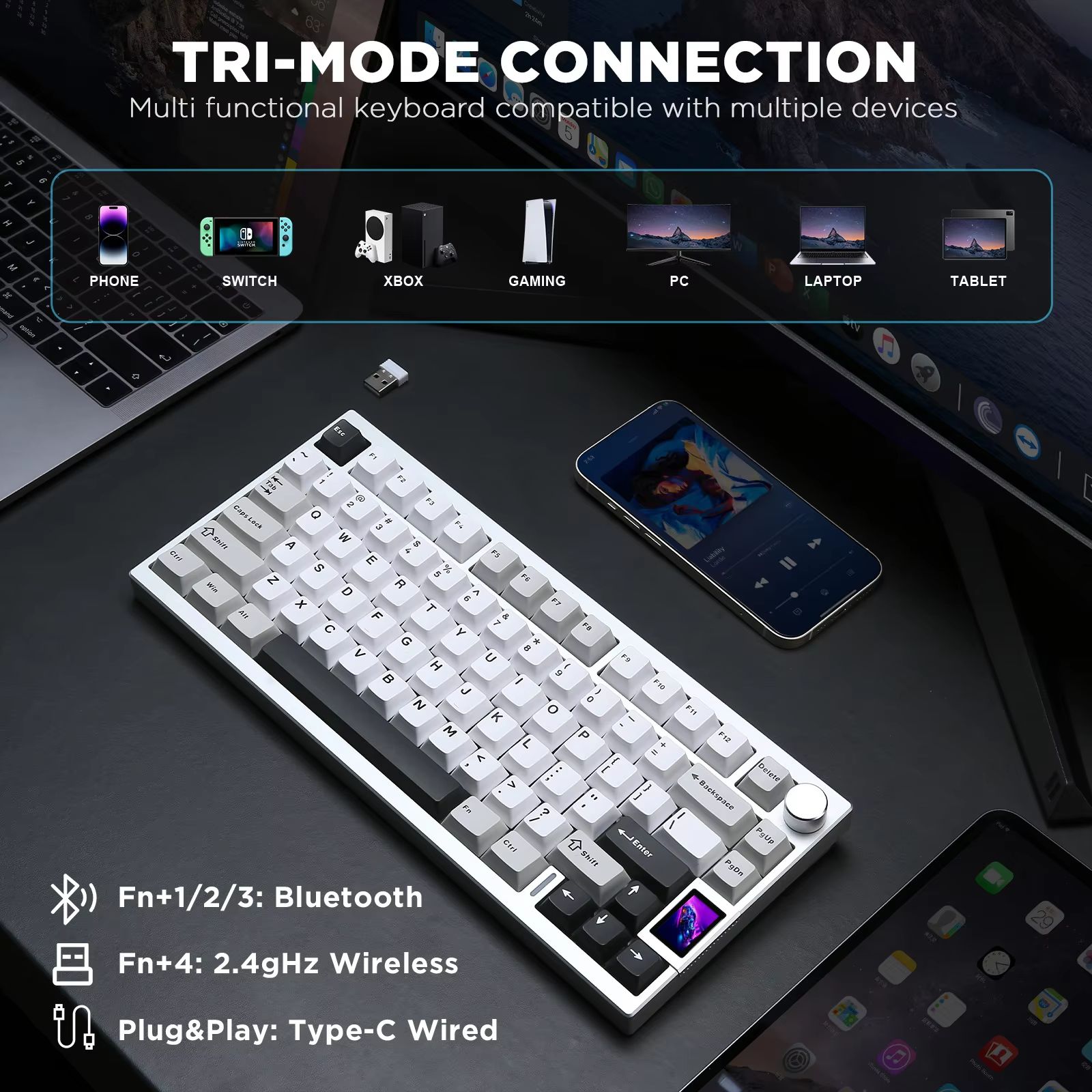 YUNZII AL80 Silver Wireless Mechanical Keyboard – Full Aluminum Custom Hot-Swap Keyboard with LCD Display, QMK/VIA Compa