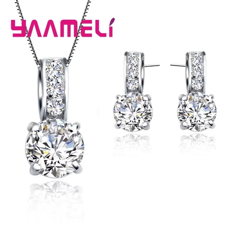 Classic Bridal Jewelry Set for Women – Sterling Silver Color Cubic Zirconia Necklace & Crystal Stud Earrings