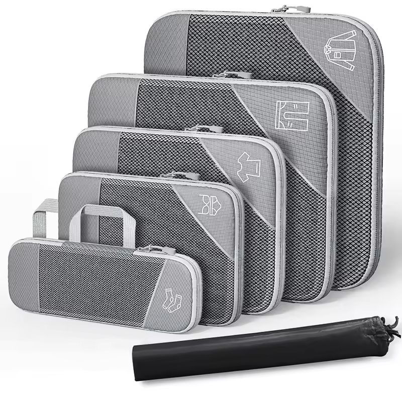 6 Piece Travel Packing Cube Set with Shoe Bag and Mesh Panels
