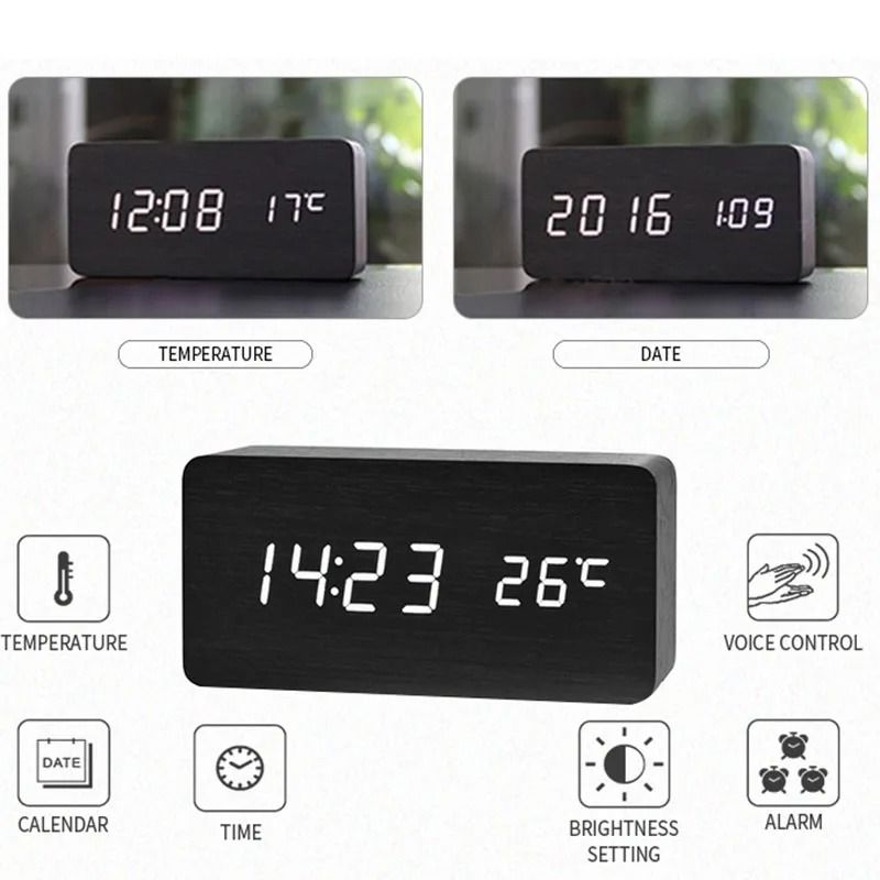 Wood Digital Alarm Clock with LED Temperature Display