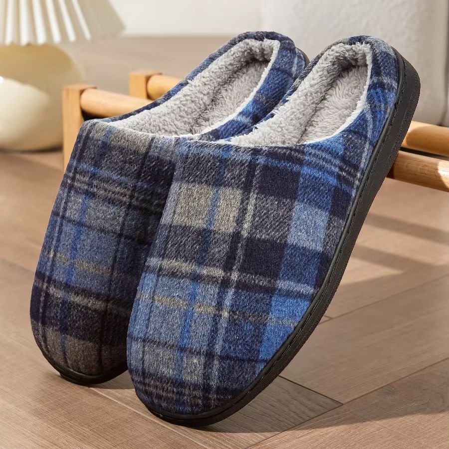 Men's Winter Plaid Memory Foam Slippers – Warm Furry Indoor House Shoes for All-Day Comfort