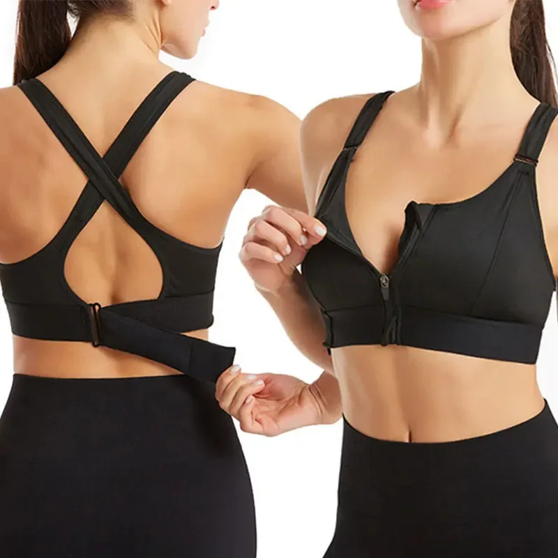 Front Zipper Adjustable Strap Shockproof Sports Bra for Women, Elastic Fitness Athletic Brassiere, Slim Yoga Crop Top