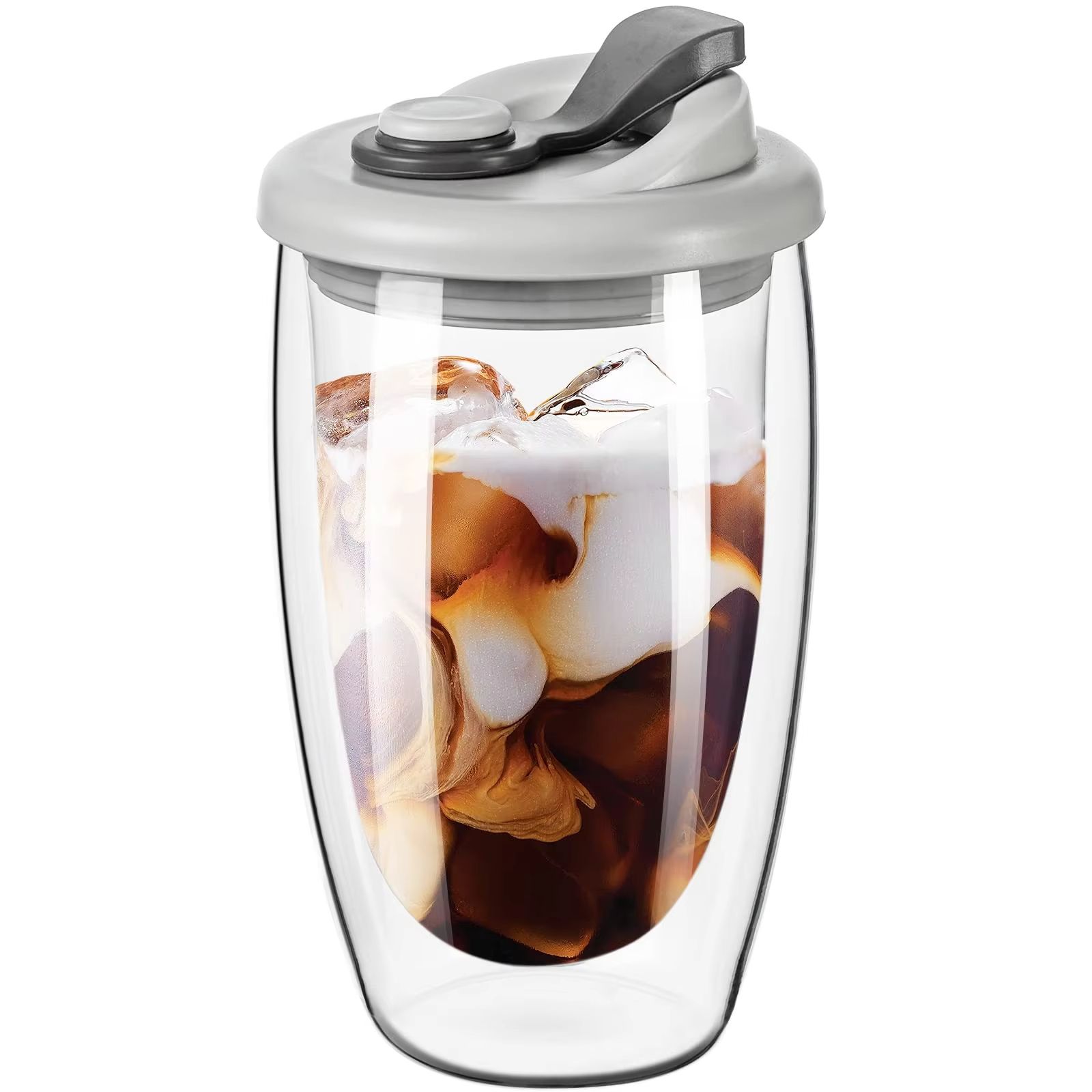 Insulated Glass Coffee Mug with Silicone Lid – 15oz Double Wall Portable Cup