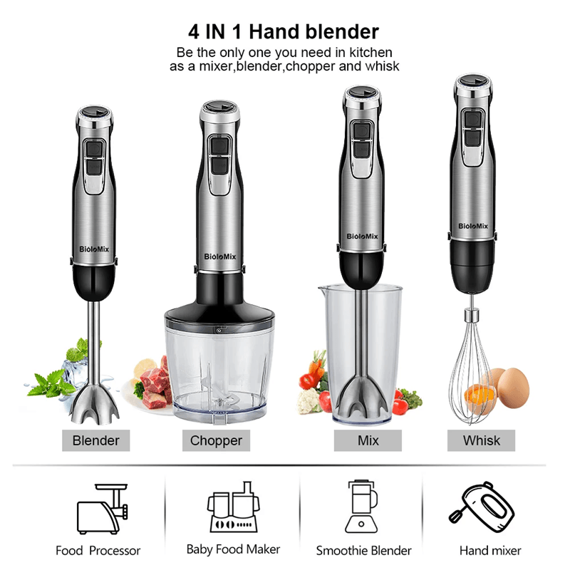BioloMix 4 in 1 Hand Blender with Chopper and Smoothie Cup