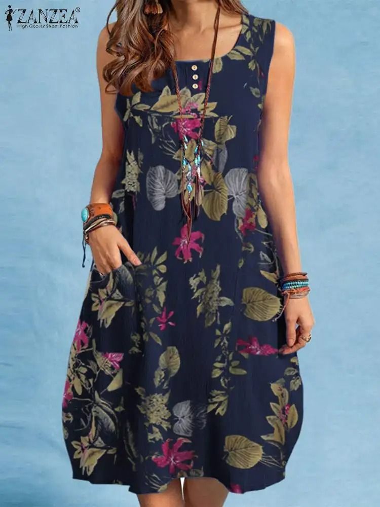 Bohemian Sleeveless Floral Sundress with Side Pockets
