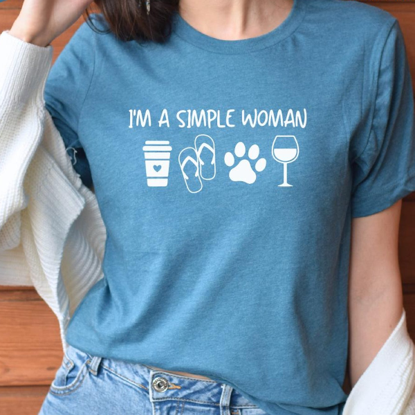 Im A Simple Woman Shirt Funny Dog Lover Wine Graphic Tee Cute Quote Outfit