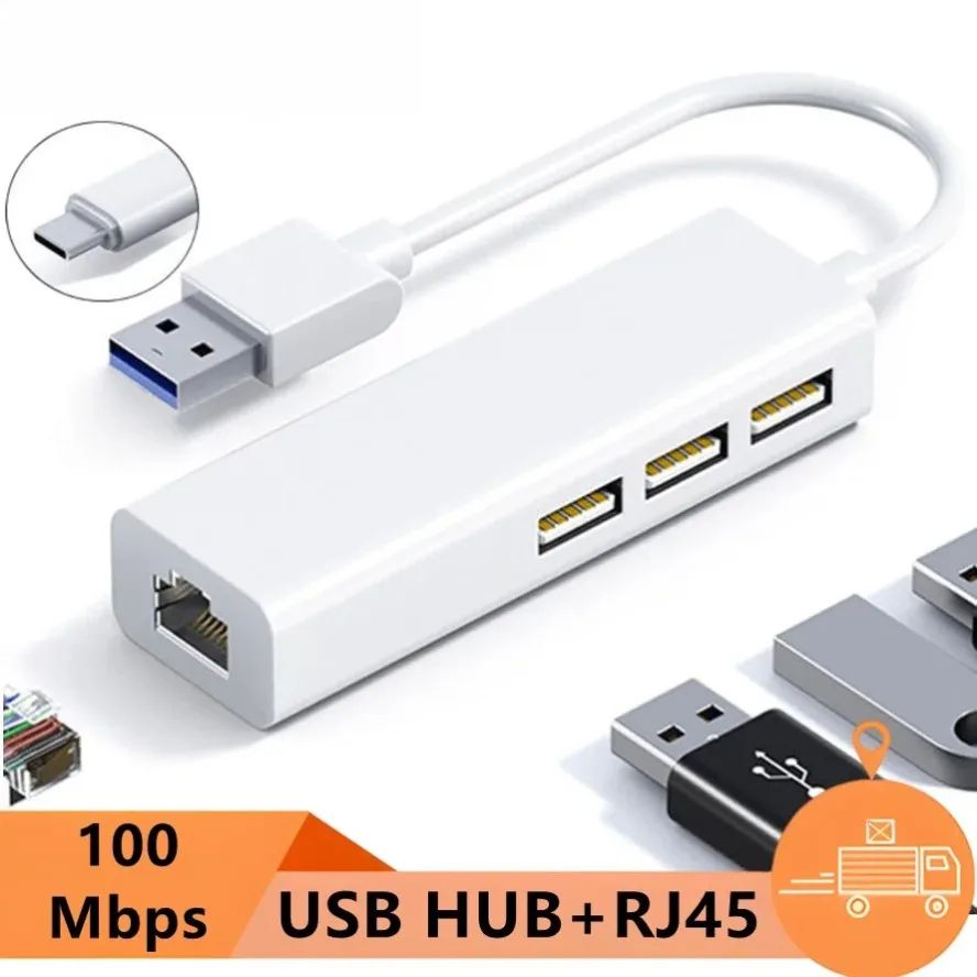 3-Port USB-C Hub with 100Mbps Ethernet RJ45 Adapter