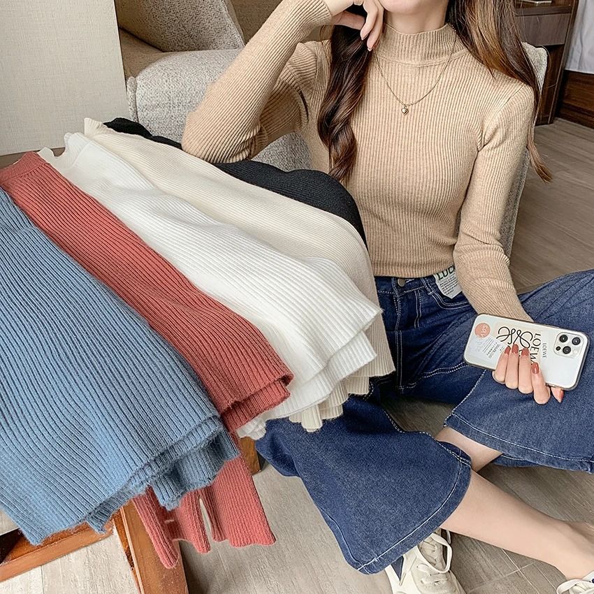 Autumn Winter Mock Neck Women Sweater Vintage Solid Knitted Pullover