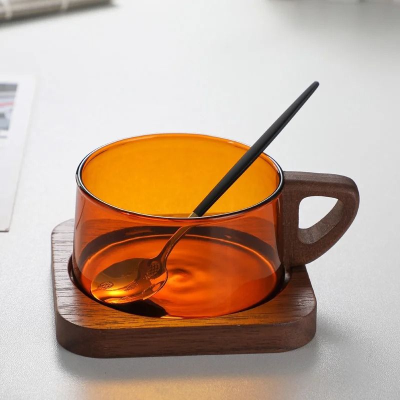 Glass American Latte Coffee Cup with Wooden Tray