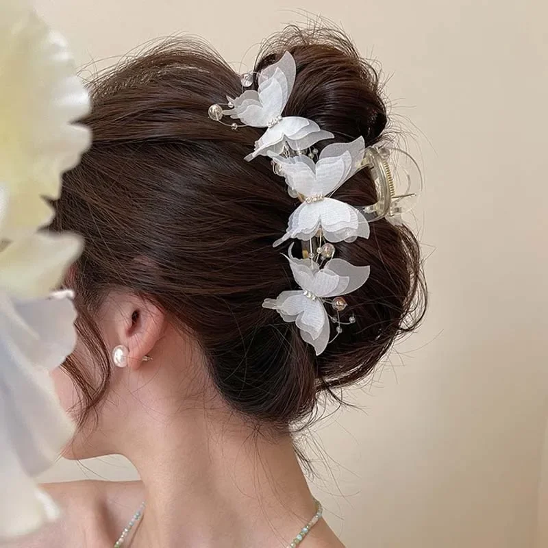 Elegant Pearl Bow Butterfly Hair Clip for Women - Sweet Crab Claw Headdress Accessory