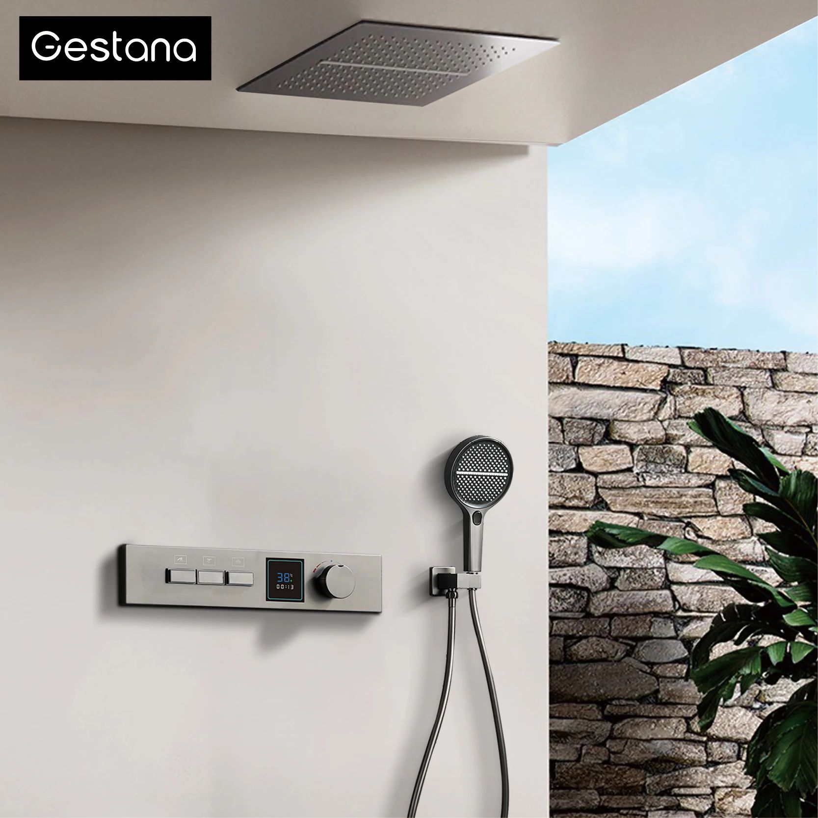 Gunmetal Brass Ceiling Shower System with LED Temperature Display, Dual-Mode Rainfall & Waterfall