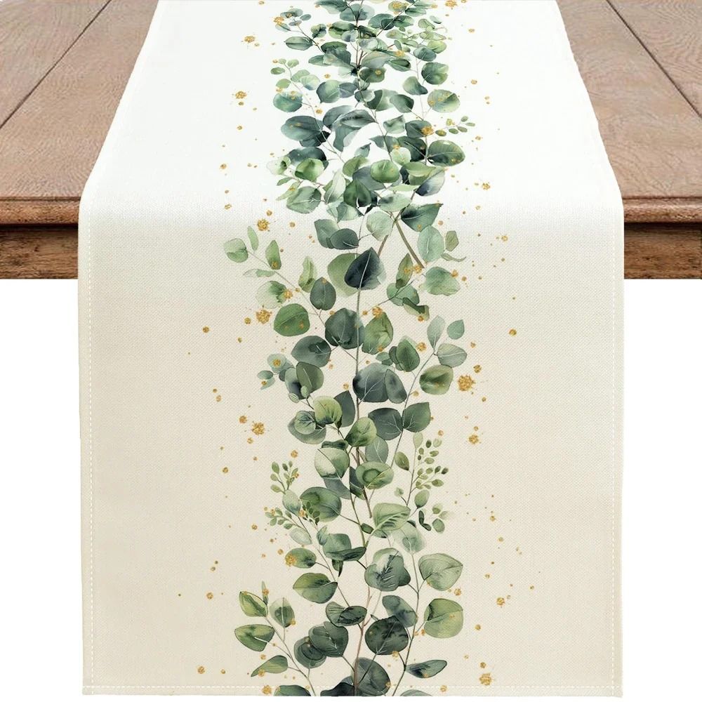 Eucalyptus Green Leaf Table Runner Botanical Linen Dining Table Decor