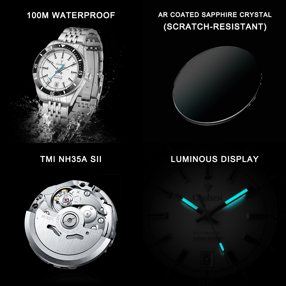 NEW CADISEN Mens Mechanical Watch, Automatic Japan NH35A Movement, Waterproof Ceramic Bezel Wristwatch
