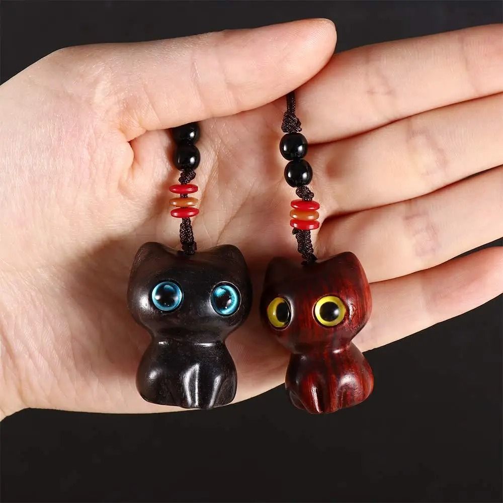 Creative Cute Cat Shape Lucky Blessing Charm Sandalwood Keychain Pendant