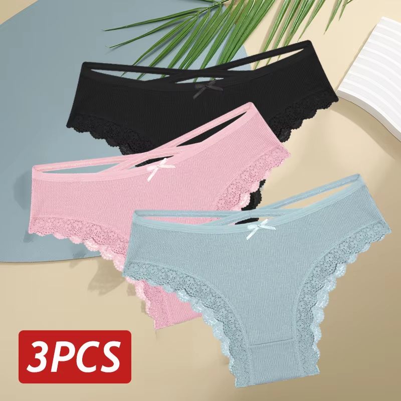 Women's 3-Piece Cotton Low-Rise Lace Brazilian Panties Set Breathable Soft Underwear S-XL