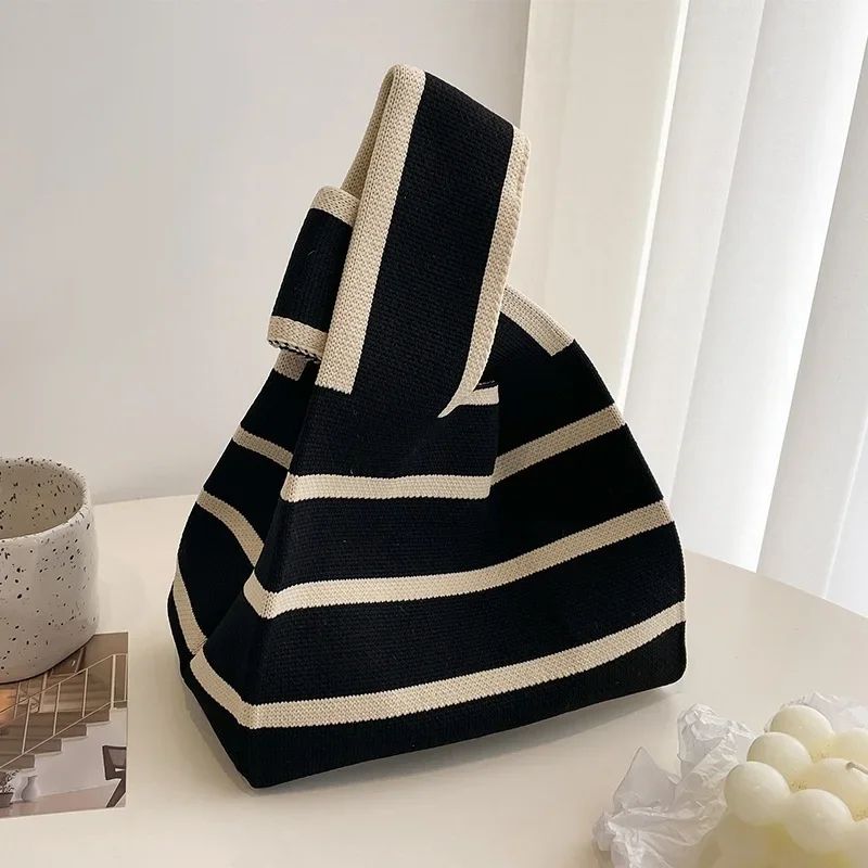 Womens Knitted Stripe Tote Handbag - Reusable Mini Shoulder & Wrist Bag for Students, Casual Eco-Friendly Shopper